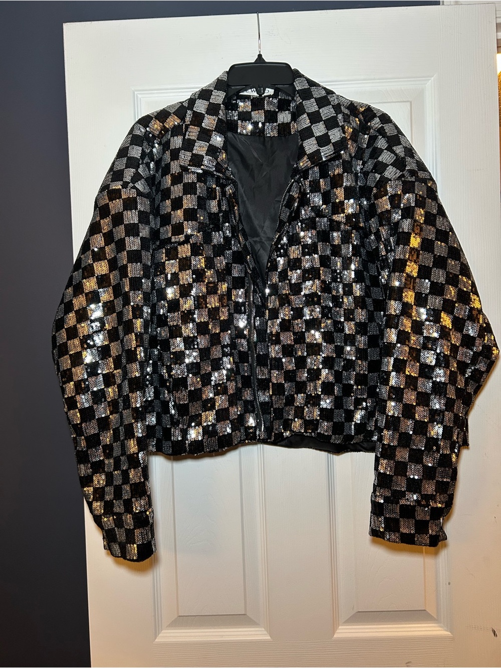 Kate Hewko Sequin Checkerboard Bomber Jacket - Black & Silver